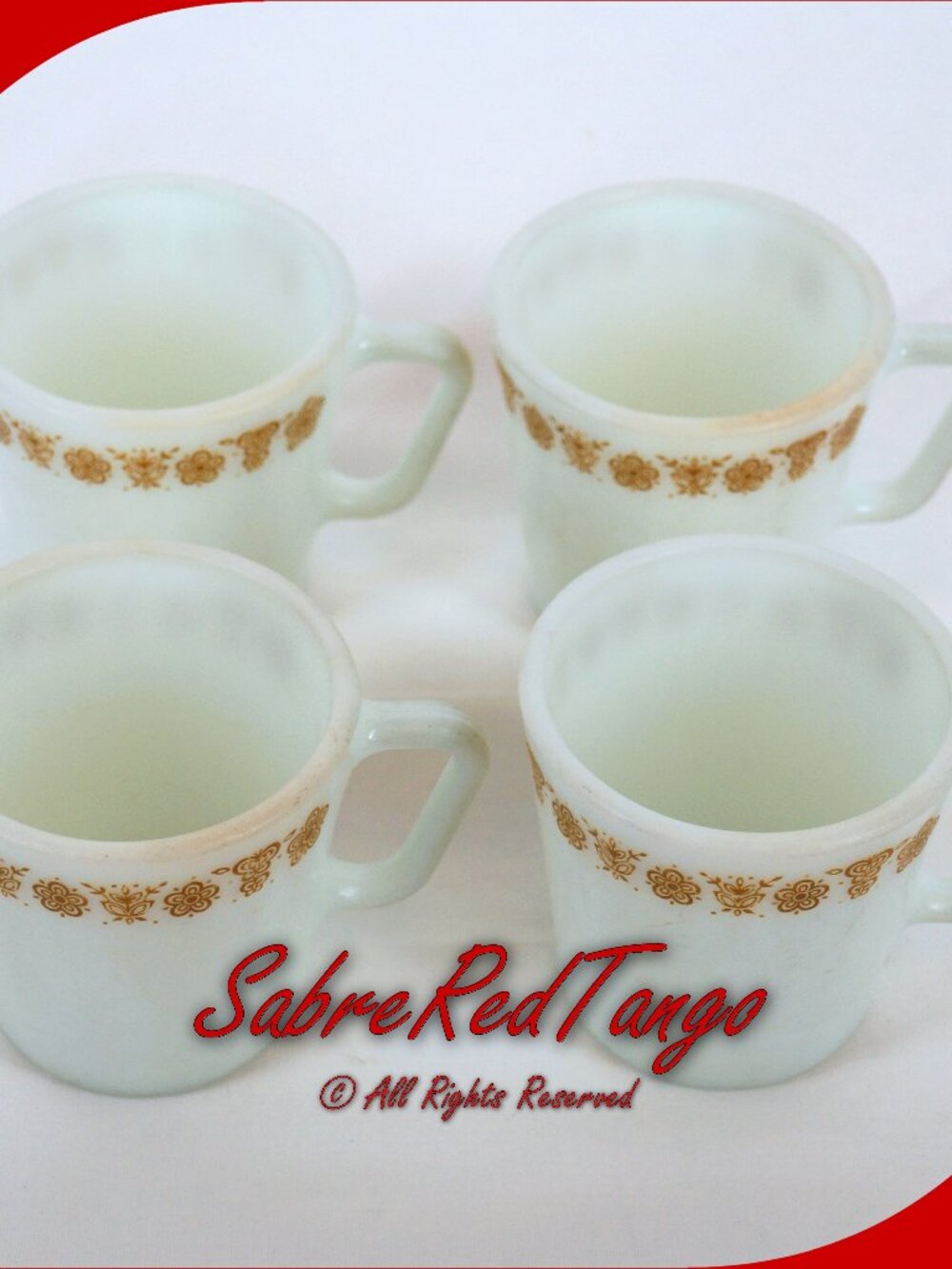 Vintage Pyrex Corning 1410 D-Handle Coffee Cup Mug Set Milk Glass Butterfly Gold
